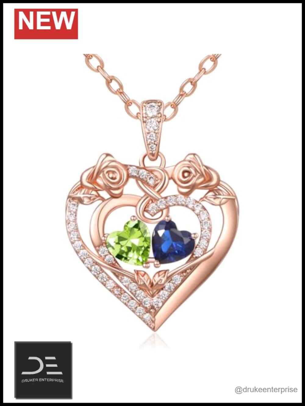14K Rose Gold Plated Two Birthstone Heart Pendant Necklace, Cubic Zirconia, Gift
